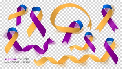Bladder Cancer Awareness Month. Marigold And Blue And Purple Color Ribbon Isolated On Transparent Background. Vector Design Template For Poster.