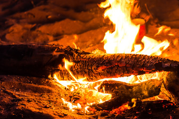 Night, tourism and nature concept - burning log and fire