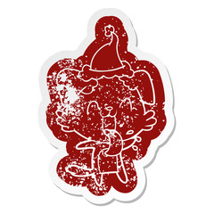 cartoon distressed sticker of a panting dog wearing santa hat