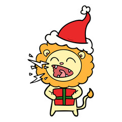 line drawing of a roaring lion with gift wearing santa hat