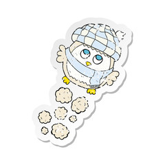 retro distressed sticker of a cartoon cute little owl flying