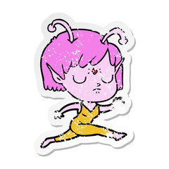 distressed sticker of a cartoon alien girl