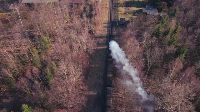 Following the steam  train in Germany, Chasing, aerial view of a railroad in Oybin, near Zittau.