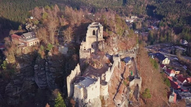 Aerial view of an old castle ruins, in Germany, Kurort Oybin