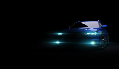Plakat Stylish car on a black background with led lights on. Futuristic modern vehicle head light xenon on dark. 3d render