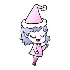 happy gradient cartoon of a elf girl pointing wearing santa hat