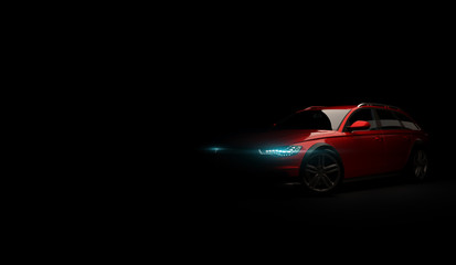 Stylish car on a black background with led lights on. Futuristic modern vehicle head light xenon on dark. 3d render