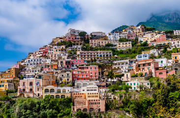 View of colorful buildings in the town of Positano at  Amalfi Coast, Italy.