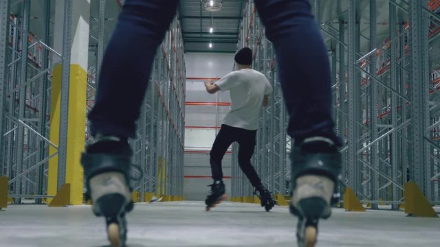 roller skating guy spinning. view between the legs