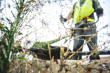 Law mower man trimming grass in the city