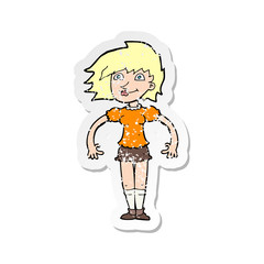 retro distressed sticker of a cartoon happy woman