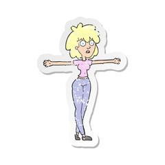retro distressed sticker of a cartoon woman spreading arms