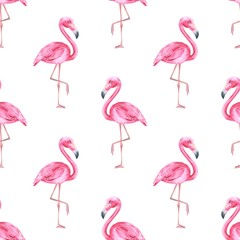 Tropical bird. Pink flamingo. Watercolor seamless pattern