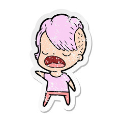 distressed sticker of a cartoon cool hipster girl talking