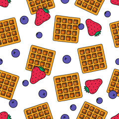 Sweet dessert and fruit seamless pattern cartoon isolated. Fresh belgian waffles, strawberries and blueberries on white background. Vector illustration. For textiles, packaging and website