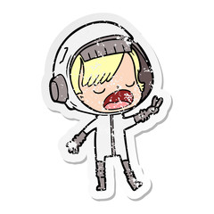distressed sticker of a cartoon astronaut giving peace sign