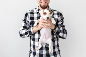 people, pets and animals concept - close up of man hugging jack russell terrier puppy on white background