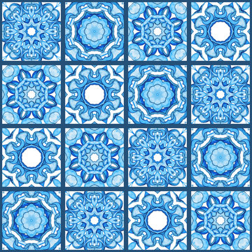 Watercolor seamless pattern with ethnic geometric motifs in style of Spanish Azulejo. Abstract fishnet Oriental arabesques in delicate pink, green and blue shades for ceramics, textile and pacaging