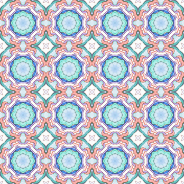 Watercolor seamless pattern with ethnic geometric motifs in style of Spanish Azulejo. Abstract fishnet Oriental arabesques in delicate pink, green and blue shades for ceramics, textile and pacaging