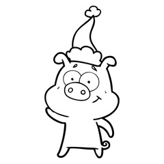 happy line drawing of a pig wearing santa hat