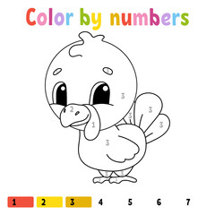 Color by numbers. Coloring book for kids. Cheerful character. Vector illustration. Cute cartoon style. Hand drawn. Fantasy page for children. Isolated on white background.