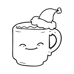 line drawing of a coffee mug wearing santa hat