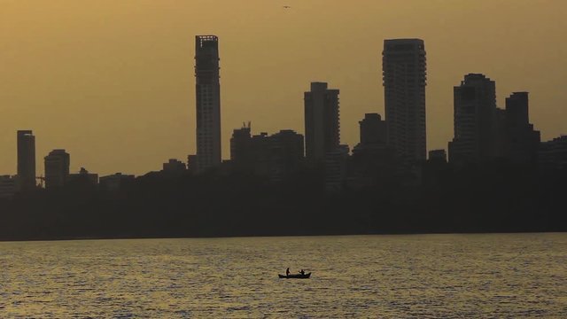 Beautiful isolated skyline of Marine drive Mumbai city stock video I Marine drive Mumbai city skyline silhouette stock video full hd