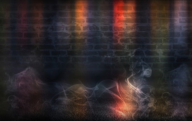 Empty scene background. Empty brick wall, concrete floor, spotlight, multicolored neon rays, bokeh.