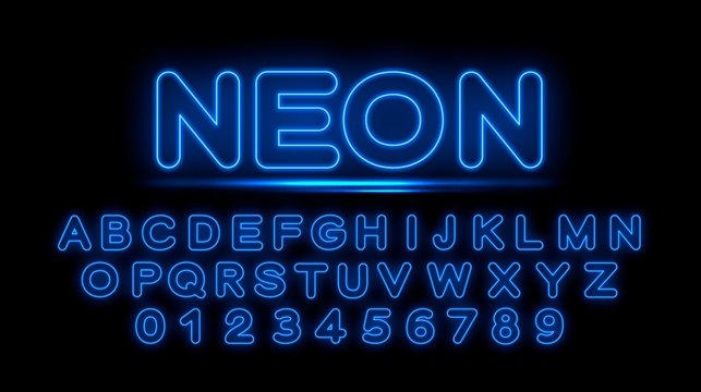 Blue neon letters of the English alphabet. Vector Illustration