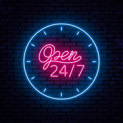 Beautiful neon inscription open 24 hours 7 days a week. Located in the center of the round frame. Ready sketch for neon sign. Vector Illustration