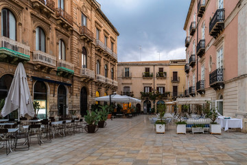 Main square (Piazza Duomo) in Ortigia island, Syracuse, Sicily, Italy