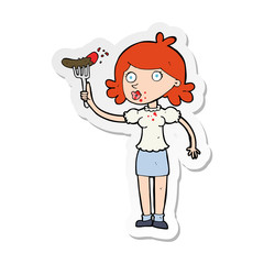 sticker of a cartoon woman eating sausage