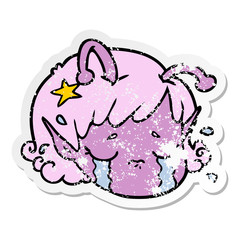 distressed sticker of a cartoon alien space girl face crying