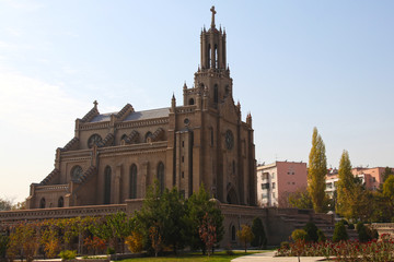 Obraz premium Catolichurch, cathedral, uzbekistan, tashkent, background, beautiful, design, nature, blue, color, people, art, summer, sky, old, style, colorful, travel, vinc cathedral church in Tashkent, Uzbekistan