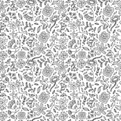Black and white seamless pattern with flowers and leaves for coloring. Doodle style floral drawing. Coloring page. Summer background. Surface design. Vector illustration