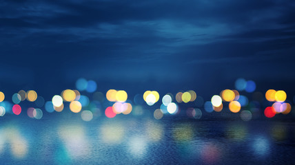 Dark empty scene, background of empty street, night sky, multicolored rays of neon searchlight, wet asphalt, smoke, night view, color of bokeh.