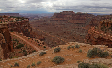 Three parts of the Shafer Canyon Road in Canyonlands National Park, Utah.