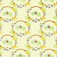 Fototapeta na wymiar Seamless pattern wirh floral elements for Easter or spring design. Endless texture with camomile mimosa and daisy flowers. on light green background