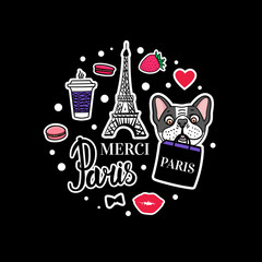 French Bulldog set. Eiffel Tower and cute dog faces. Vector hand drawn Sticker.