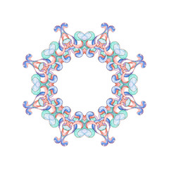 Elegant round had-drawn watercolor pattern frame of ethnic geometric motifs in art Nouveau style and medieval miniatures. Abstract elements in delicate and romantic shades of pink, green and blue