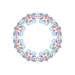 Elegant round had-drawn watercolor pattern frame of ethnic geometric motifs in art Nouveau style and medieval miniatures. Abstract elements in delicate and romantic shades of pink, green and blue