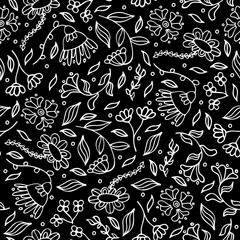 Black and white abstract seamless flower pattern. Doodle floral drawing textile design in doodle style on black background. Monochrome endless surface texture.  illustration