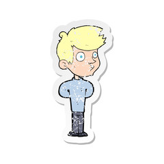 retro distressed sticker of a cartoon boy staring
