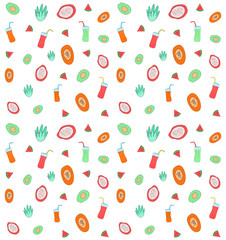 Hand drawn seamless background with fresh fruits and juices. Healthy food concept. Vector illustration