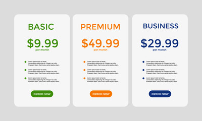 set of pricing table, order, box, button, list	
