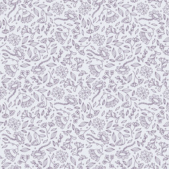 Colored abstract seamless flower pattern. Doodle floral drawing textile design in doodle style, summe background. Violet outline endless surface texture. illustration