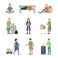 Cartoon Characters Homeless People Different Types Set. Vector