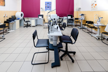Cabinet in the ophthalmologic clinic with a variety of special equipment for eye examination