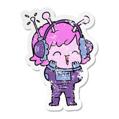 distressed sticker of a cartoon alien girl listening to music