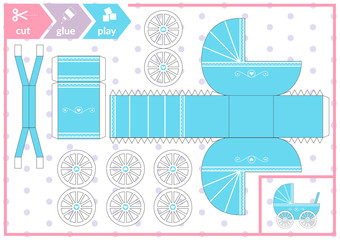 Cut and glue a baby carriage. Children art game for activity page. Paper 3d pram. Vector illustration.